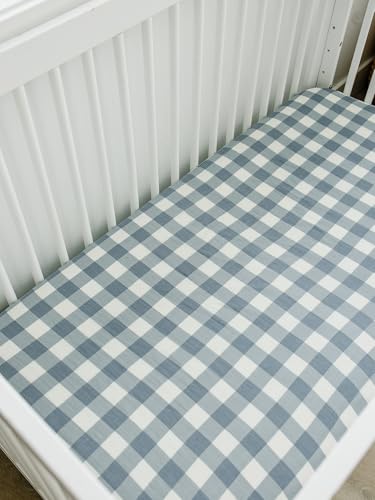 Image of Dusty Blue Gingham Muslin Crib Sheet by Mebie Baby, Soft and Breathable Bed Sheets for Babies, Modern Neutral Bedding for Cribs, Standard Crib Mattress Fitted Sheet, Great for Boy or Girl Room