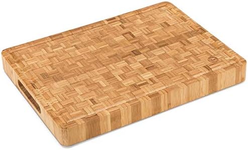End Grain Wood Bamboo Cutting Board for Kitchen, Commercial Use - Extra Large, Thick Butcher Block with Juice Groove, Handles, and Non-Slip Feet for Chopping Veggies, Carving Meat, Bread and Cheese