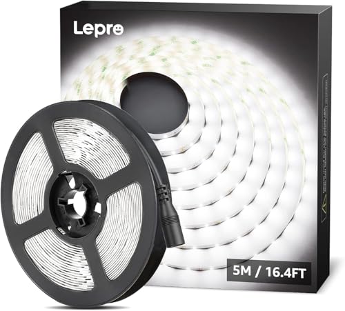LE Ruban LED 5m, Bande LED Autocollant 300 LEDs SMD 2835 Lumière Blanche 6000K, Bandeau LED 18W 1200lm pour Chambre, Mariage, Soirée, Bar, Présentoir, Vitrine (12V Adaptateur Secteur Requise)