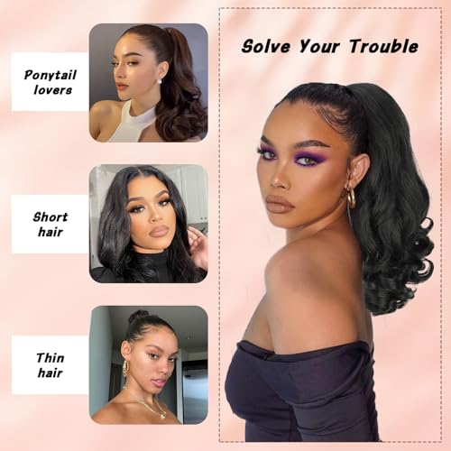 Cisyia Ponytail Extension 16 Inch Wavy Curly Black Drawstring Ponytail For Black Women Yaki Loose Curly Pony Tails Natural Synthetic Hairpiece Thick For Daily Use thumb #6