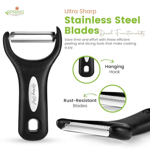 Image of Spring Chef Premium Y & Vegetable Julienne Peeler Set for Kitchen with Stainless Steel Sharp Blades - Carrot Peelers with Comfortable Handles - Perfect for Zucchini, Cucumber, Papaya, Potato - Black