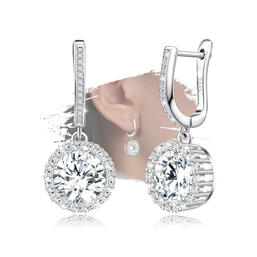 Sterling Silver Dangle Earrings with White Gold Plated Hoop Drop Charms Round Halo Earring Dainty Cubic Zirconia Hypoallergenic Fashion Jewelry Birthday Gift for Women