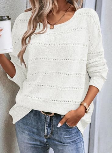 Image of SHEWIN Women's Sweaters Crew Neck Crochet Sweater Lightweight Knit Long Sleeve Tops Shirts Loose Fit Spring 2026