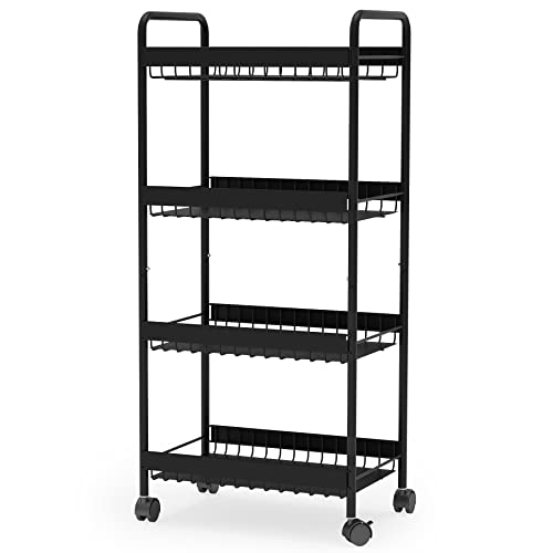 4-Tier Rolling Cart, Metal Storage Cart, Utility Cart with Wheels, Bathroom Storage Organizer Shelf, Narrow Kitchen Cart, Living Room Storage Cart