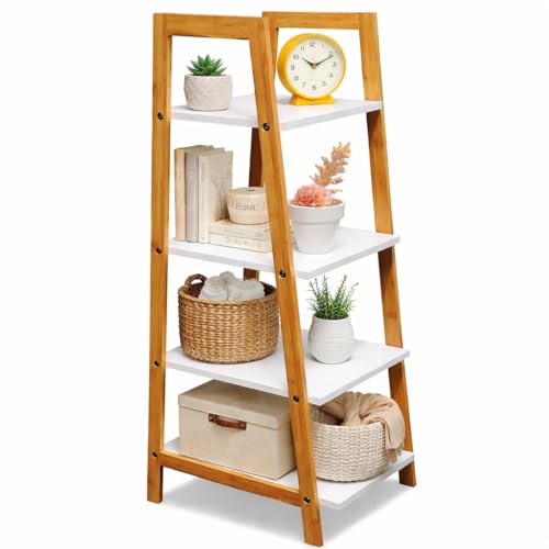 VR7 Wooden Ladder Shelf 4 Tier Ladder Shelves Rack with White Shelves, Ladder Bookcase Storage Unit for Living Room Bedroom Bathroom, Plant Stand Display Rack Space Saving Wood Shelving Unit