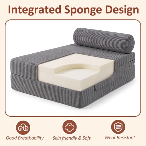 Image of Floor Sofa Bed, Convertible 2-in-1 Corduroy Couch with High-Density Sponge, Foldable Stackable Seat for Living Room Bedroom Dorm Game Room, No Assembly Required (Gray)