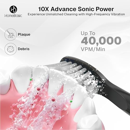 Image of HOMEBASIC Sonic Electric Toothbrush for Adults, 40000 VPM, 5 Modes, 6 Brush Heads, 60-Day Battery, USB-C Rechargeable, IPX7 Waterproof, Smart Timer, Travel Case for Men & Women (Black)