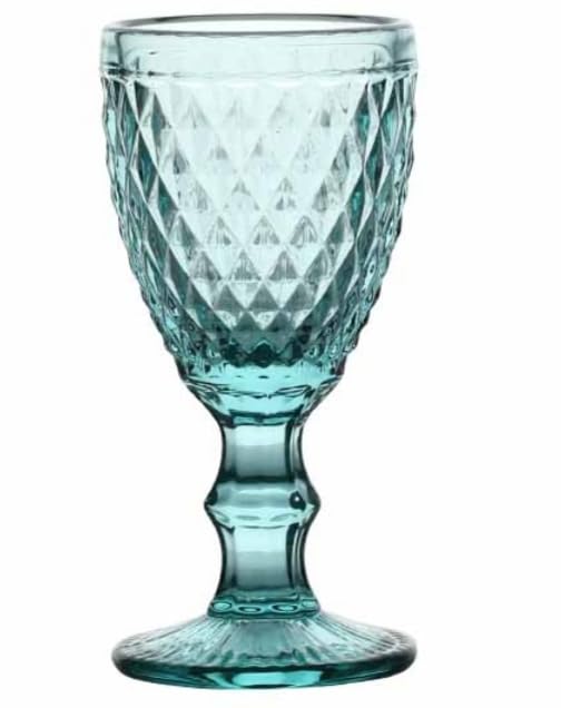 Juego de 6 Copas de Vidrio de Colores con Relieve de Diamante, 300ml, Estilo Vintage para Vino y Agua, Cristalería Gruesa de Lujo (Verde, Azul, Turquesa o Mix) (Turquesa)