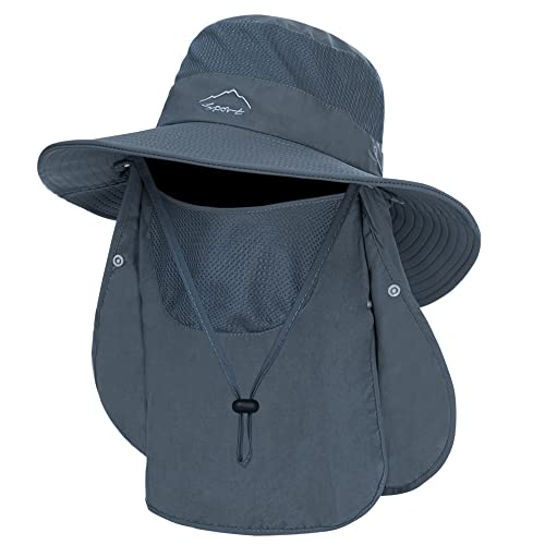 Fishing Hat for Men Outdoor 3 in 1 Sun Hat Summer Wide Brim Safari Hat Boonie Hat with Neck Flap Dark Grey