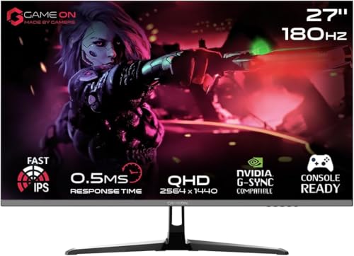 GAMEON 27 IPS Gaming Monitor QHD 2K 2560x1440 180Hz Refresh Rate 0.5ms Response Time HDMI 2.1 Port FreeSync G-Sync Compatible HDR Ready Console & PC Gaming Ready GOPS27QHD180IPS - Black