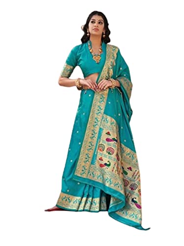Sari azul con Mor Pallu y ribete Zari en seda Banarasi auténtica