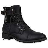  stiefelparadies Herren Schuhe Schnürboots Leder-Optik Boots Schnürschuhe Zipper Schnallen 153228 Schwarz Zipper 41 Flandell