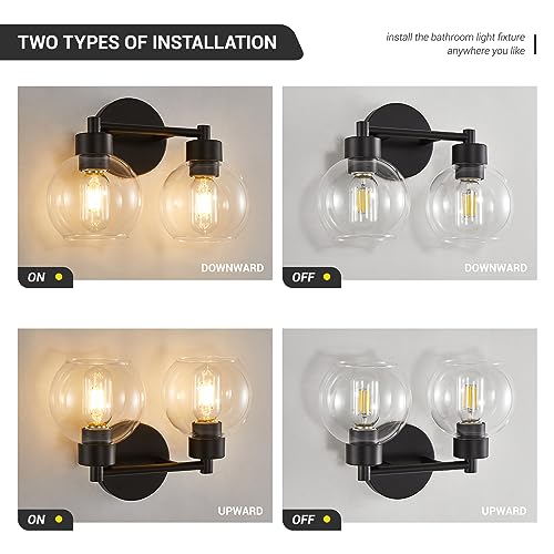 Image of Black Bathroom Light Fixtures, 2 Lights Bathroom Vanity Light with Clear Globe Glass Shades, Wall Sconce Lamp for Mirror, Bedroom, Living Room, Kitchen