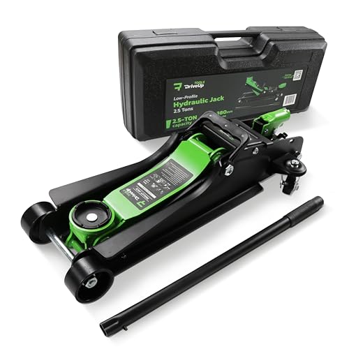 DRIVEUPTOOLS Gato hidraulico para Coche 2,5T con Maleta de Transporte. Gato Coche bajo Perfil Altura elevación 85-380mm con Almohadilla de Goma. Capacidad hasta 2500kg (Maleta)