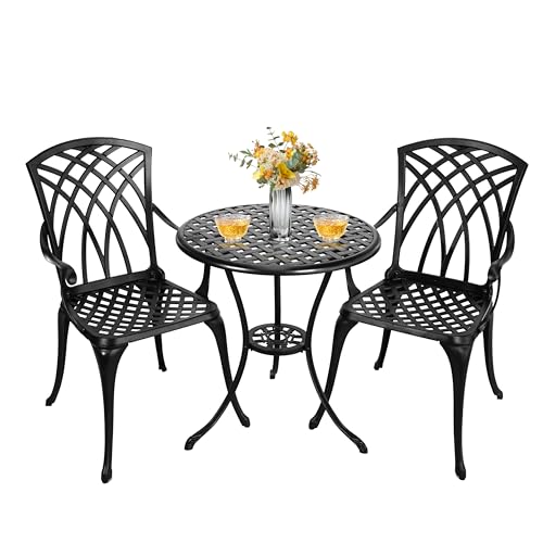 Withniture Bistro Patio Set 3 Piece,Cast Aluminum Bistro Table and Chairs Set of 2 with Umbrella Hole,All Weather Bistro Table Set for Yard Garden,Outdoor/Indoor Use,Black