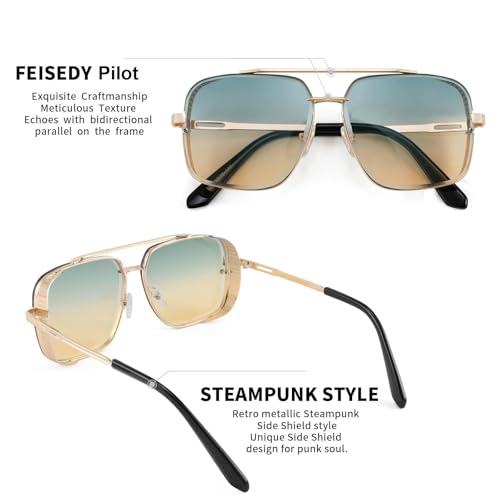 Image of FEISEDY Sunglasses Mens Women Vintage Pilot Square Trendy Metal Steampunk Fishing Driving Sun Glasses B2894