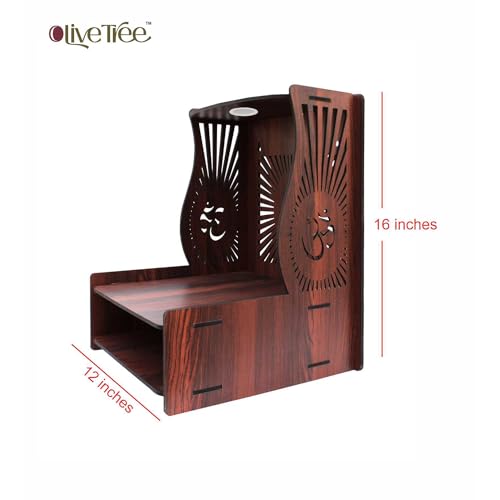 Image of Olive Tree Ethnic Wooden Pooja Mandir for Home Handcrafted Puja Stand | Wall Mounted with LED Spot Light | Mandapam, Pooja Ghar, Temple Office Decor - Walnut Size 12X12X16 Inch 1005