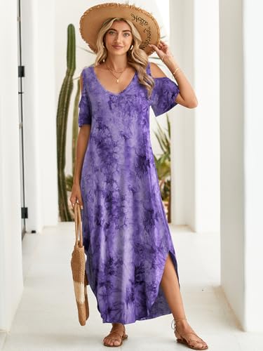 Image of BELAROI Womens Cold Shoulder Maxi Dress Plus Size V Neck Summer Sundresses with Pockets Beach Coverup Vacation Outfits