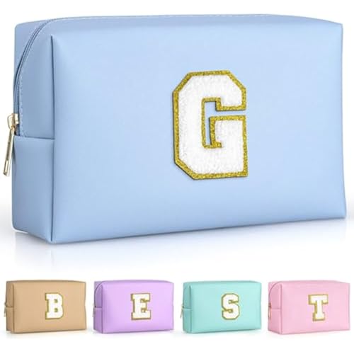 TOPEAST Travel Makeup Bag, Personalized Initial Toiletry Bag w Zipper, Cute Makeup Pouch, PU Leather Waterproof Cosmetic Bag, Birthday Gift for Daughter, Preppy Things for Girls (Sky Blue G)