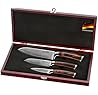 Wakoli EDIB 3 teiliges Damastmesser Set in hölzerner Geschenkbox I Scharfes Messerset gefertigt aus 67 Lagen echtem Damaststahl mit Pakkaholzgriff I Premium Damast Küchenmesser Set mit 8-17cm Klingen