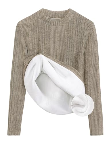 ZESICA Womens Fleece Sherpa Lined Tops Long Sleeve Mock Neck Knit Thermal Basic Shirts 2026 Fall Winter Clothes Oats Small