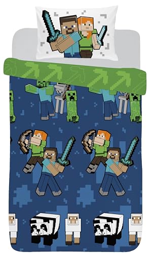 Minecraft Bedding Single Duvet Cover Set – Official Reversible Boys Blue Green Bedding – Kids Gamer Bedroom – Soft Polycotton – Pixel Print Creeper/Characters