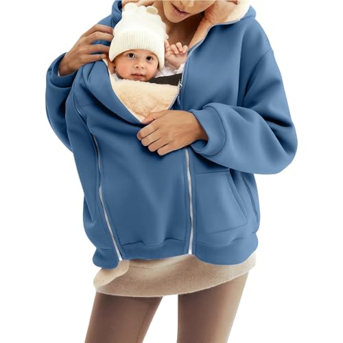 Chaqueta de forro polar para mujer, con cremallera, 2 en 1, chaqueta de invierno cálida con capucha para maternidad, azul claro, XL