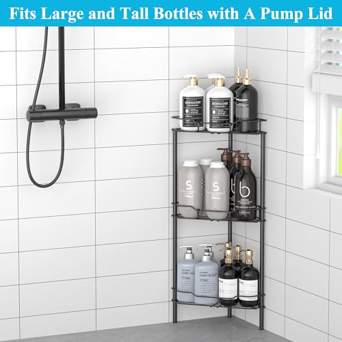 Image of HuggieGems 3 Tier Floor Standing Corner Shower Caddy Organizer Shelf with Hooks, Bathroom Shelves Stand Rack, Matt Black