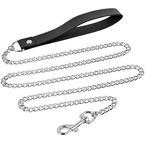 Laisse pour Chien en Métal, 118cm Chaîne Anti-Mastication avec Poignée de Cuir PU pour Chiens de Taille Moyenne et Petite, Laisse Chien Idéal pour Les Promenades et l&rsquo;Entraînement