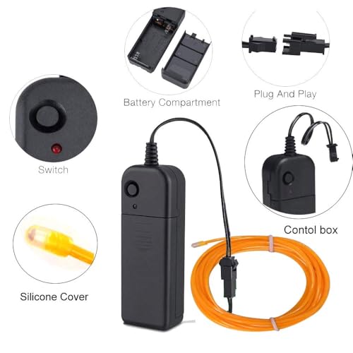 Image of MaxLax EL Wire Yellow, 2M Portable Battery Pack Neon Light Strip 360 Cuttable Glowing Rope Lights for Parties, Halloween, DIY Decoration