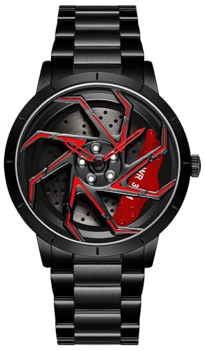 Gosasa Herren-Rennuhren, drehbar, Auto, Felge, Radnabe, Design, Sportuhren, Edelstahl, wasserdichte Uhr, B Schwarz Rot, Sportmode