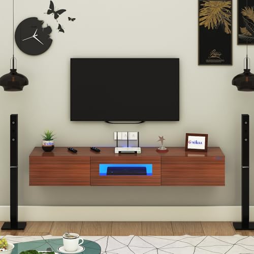 Image of Anikaa Lucen Wall Mount Modern Floating TV Unit for Living Room | 3 Closed Storage cabinets with hinged Door - Blue Color LED Light | Ideal for UP to 55 Inch TV (Walnut Finish - DIY Installation)