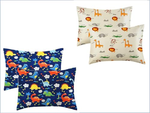 Filymore Animal and Danasouar Cartoon Printed Pillow Covers for Kids Room | Made with Pure Microfiber Soft & Skin Friendly Pillow Cases | Size (17 x 27 inch,Blue,Off White) Set of 4 Covers.