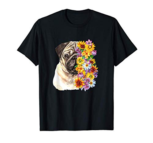 Pug Dog Face Flowers Sunflower Lover Dog Gift Camiseta