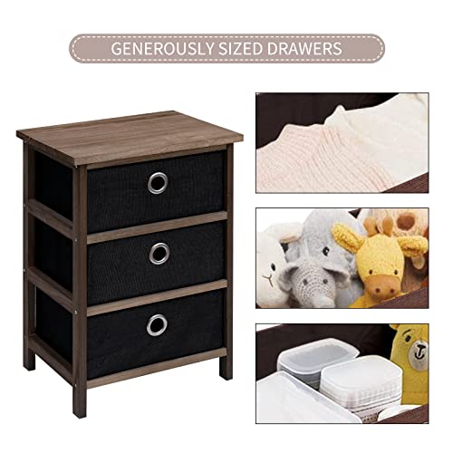 Nightstand With Drawers, Wooden Night Stand With 3 Fabric Drawer Dresser Modern Night Stand With Storage For Small Space Home Bedroom Office, Black&Brown #TOP6