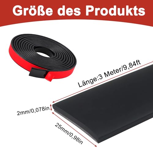 Gummistreifen Selbstklebend, (25mm x 2mm x 3m) Vollgummi Gummiprofil, Neoprenmatten Gummiplatten, Selbstklebend Neopren Gummimatte, für DIY, Dichtungen, Abdeckung, Schwarz