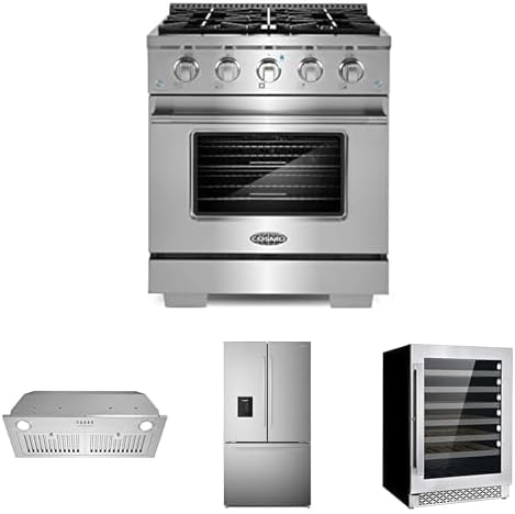 COSMO 4-Piece Kitchen Appliance Packages, 30" Gas Range, 30" Insert Range Hood, 36" French Door Refrigerator and 48-Bottle Wine Cooler