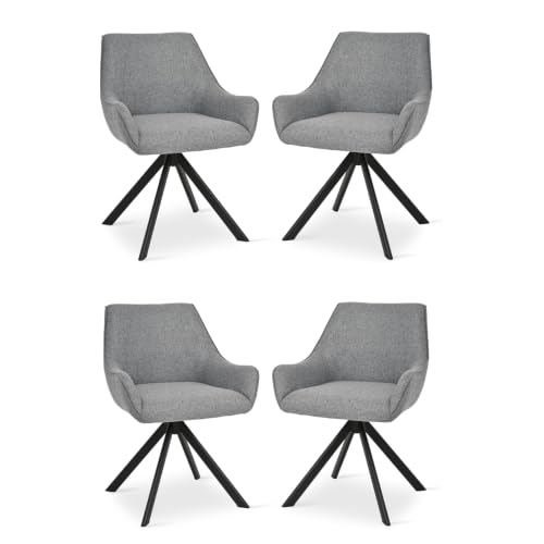 Image of Set of 4 Chairs 360 Degree Rotating Legs Stylish Stylish, Modern, Elegant & Comfortable Linen Fabric Arms Chairs for Dinning Living Hotel Cafe (4 Chairs) (Grey Linen Set of 4)