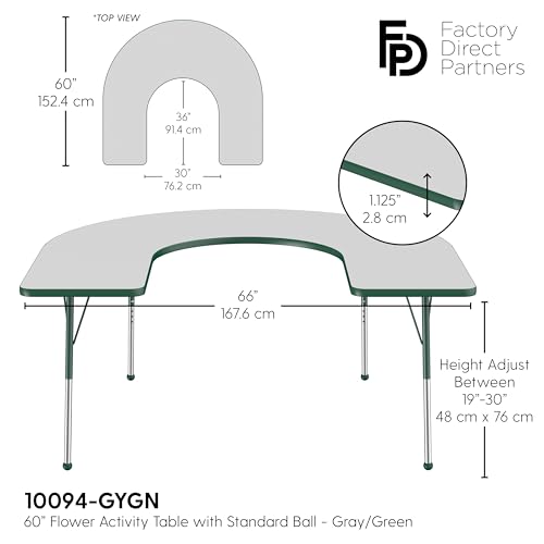 Image of FDP Horseshoe Activity School and Office Table (60 x 66 inch), Standard Legs with Ball Glides for Collaborative Seating Environments, Adjustable Height 19-30 inches - Gray Top and Green Edge
