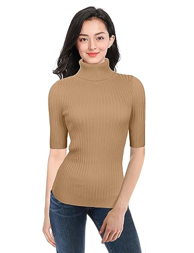 Image of v28 Women Turtleneck 1 /2 Half Sleeve Highly Stretchy Ribbed Knit Fitted Sweater