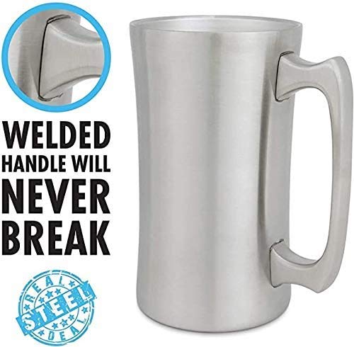 Stainless Steel Insulated Beer Mug: Real Deal Steel 20 Oz Beer Stein with Welded Handle and Clear Plastic Lid - Large Metal Tankard for IPA, Coffee, Tea - Double Walled Mugs for Hot or Cold Drinks (2)
