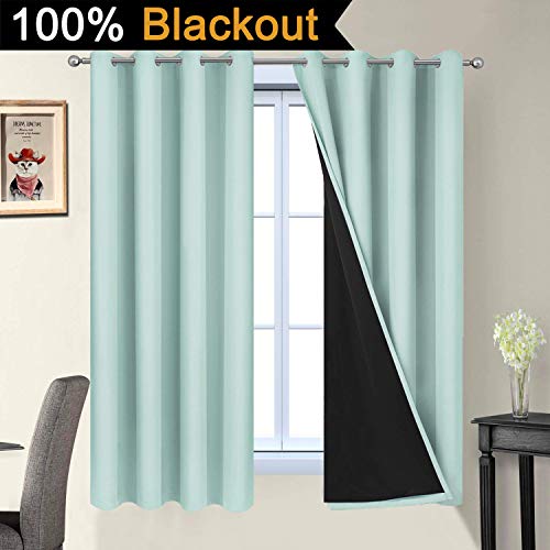Image of Yakamok 100% Blackout Lined Curtains, 2 Thick Layers Completely Blackout Window Treatment Thermal Insulated Drapes for Bedroom(52Wx63L, Aqua, 2 Panels)