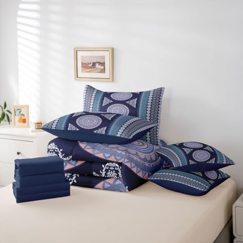 Image of Bohemian Decor Boho Full Size Bed Sheets and Comforter Set | Paisley Flower Mandala 7-Piece Bedding Set Moroccan Medallion Aztec Bed in a Bag,Ethnic Tribal Exotic Striped European Black Purple