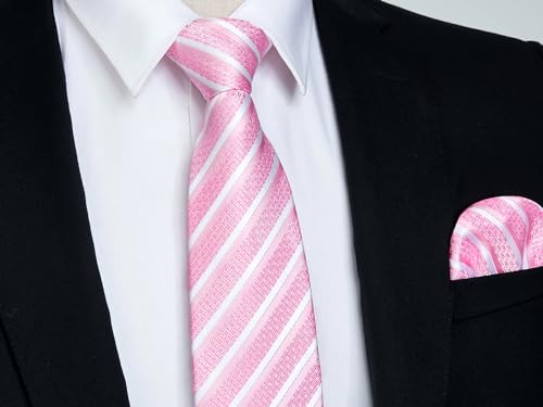 Image of HISDERN Mens Tie Striped Ties and Handkerchief Set Business Formal Woven Pocket Square Wedding College Stripe Necktie