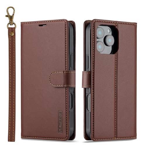 Étui en cuir iPhone 14 Pro Max marron avec clapet magnétique détachable chic