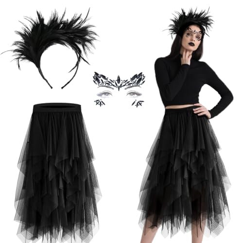 MorLuks Schwarz Federn Kostüm, Feder Haarschmuck + Tattoo Gesicht + Langer Tüllrock, 20er Jahre Kostüm Damen für Halloween Fasching Karneval...