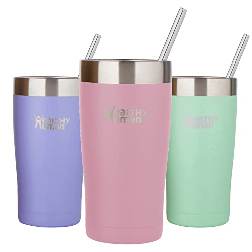 Healthy Human Stainless Steel Tumbler with Straw & Lid | Splash Proof Insulated Travel Cup | Eco-Friendly Coffee Tumblers | Water Cups with Straws Cleaner and Splash Proof Lids (20oz, Petal Pink)