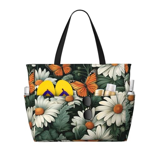Summer Daisy Flower Print Beach Bag for Women Waterproof Large Beach Tote Bags Ladies Swim Pool Bag with Zipper