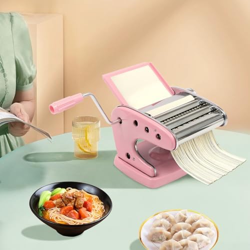 Pasta Machine - 6 Adjustable Thickness Settings, 3 Blades for Spaghetti, Fettuccini & Lasagna (2.4mm, 4.5mm, 8mm) - Versatile Roller Noodles Maker in Pink