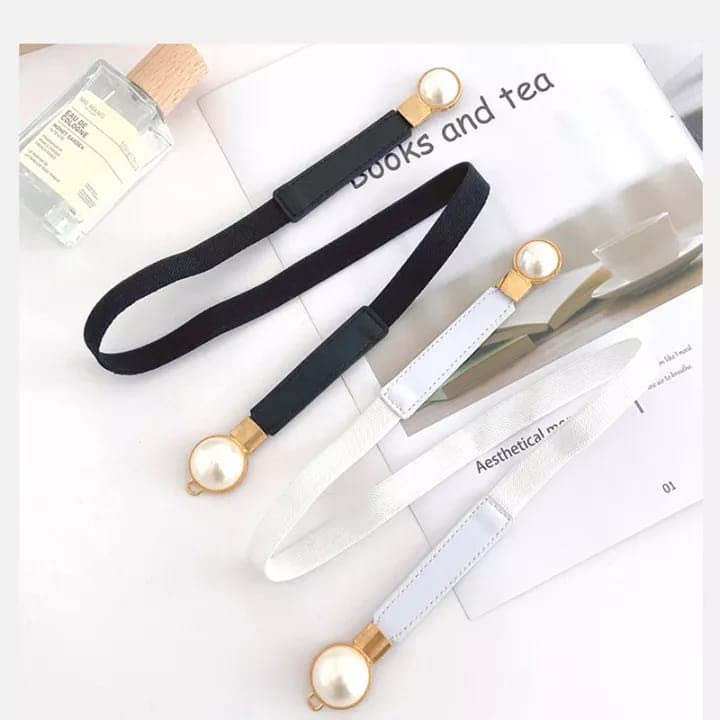 Women Elastic Slim Stretchable Waist Belt with Pearl Buckle, Retro Adjustable Cinch Belt Waistband for Women Ladies Dresses (Free Size), Black, Free Size3
